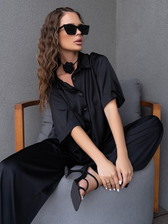 Best Black Silk Shirt & Long Pants Suit, Wide Leg Trousers and Blouse Set, Oversize Formal Outfit for Party, Wedding Guest, Date, Office