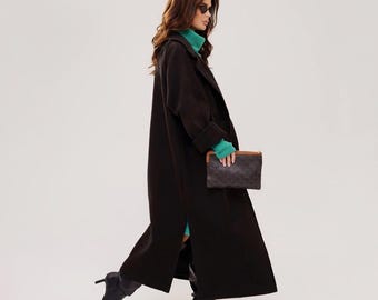 Elegancki, długi, wełniany, czarny płaszcz damski, ciepły, zimowy, klasyczny, długi płaszcz typu trencz z kołnierzem i guzikami, oversize'owy, świąteczny prezent dla kobiet