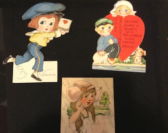 3 Used Valentines.  Vintage Antique. One Post Card 1915, one valentine dated 1932