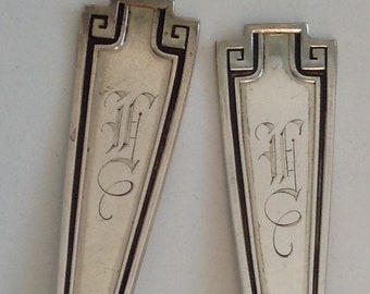 Pair Sterling silver Tablespoons Serving Spoons.  2 Gorham Etruscan pattern.  Lovely H Monogram. Vintage Silverware