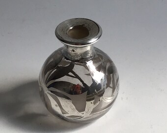 Vintage silver overlay glass Perfume Bottle.  Perfume with NO stopper.   Exquisite for your Vanity.