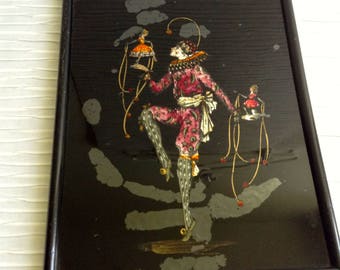 Exquisite Foiled Tinsel Reverse Painting.  Pierrot, Harlequin & Columbine. Vintage Antique 1910.  Intricately patterned Costume and tights.