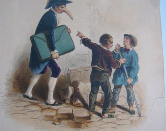 Original Signed Henri Monnier Lithograph. 1835 French Print.  Satirical caricature. The Barricades.  Vintage, Antique.   Les Misérables