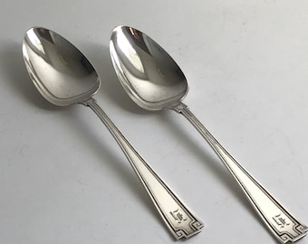 Pair Sterling silver Tablespoons Serving Spoons.  2 Gorham Etruscan pattern.  Lovely H Monogram. Vintage Silverware