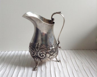 Sterling Silver Creamer, Cream Pitcher.  Gift.   4 3/4 inches tall.  Beautiful chased Repousse pattern. Antique, vintage.