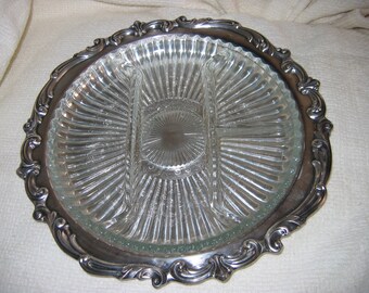 Silver plated Serving Relish TRAY by Towle.  1940's.  12.5 inches.  Beautiful pattern. Glass insert. Wedding Gift