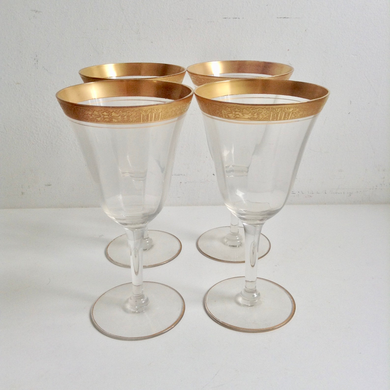 Four vintage Gold encrusted wine glasses. Antique Crystal Etsy