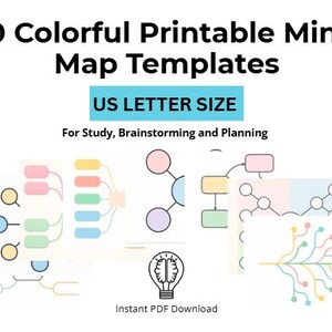 Kolorowe szablony map myśli do druku | Planer nauki w formacie PDF | Arkusz burzy mózgów | Pobierz natychmiast