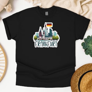 T-shirt Duitsland Frankfurt Skyline, uniseks shirt Duitsland, Duitse kaart Travel Souvenir T-shirt, T-shirt vlag Duitsland