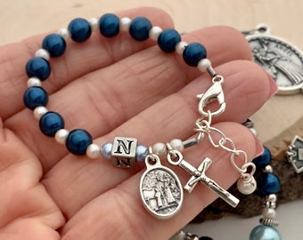 Catholic Baby Boy Baptism Personalized Guardian Angel Rosary Bracelet with Dark Blue Pearl