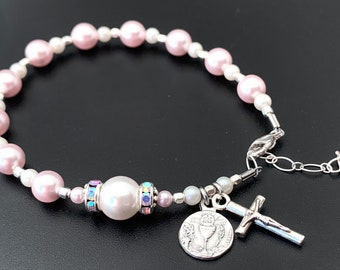 First Communion Beautiful Soft Pink & White Rhinestone Rosary Bracelet