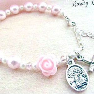 Baptism Rosary Bracelet with Swarovski Pink Pearl & Pink Rose with Guardian Angel
