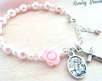 Baptism Rosary Bracelet with Swarovski Pink Pearl & Pink Rose with Guardian Angel