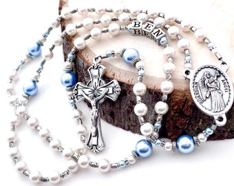 Beautiful Personalized  Baby Boy Light Blue & White Pearl Rosary - Heirloom Catholic Gift - Name Christening Rosary