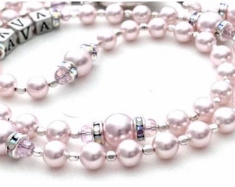 Baptism Personalized Rosary with Swarovski® Light Pink Pearls, Crystals and Rhinestones - Heirloom Quality