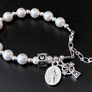 Irish Baptism Personalized Rosary Bracelet with White Swarovski Pearl & Silver - Catholic Baptism Heirloom Gift