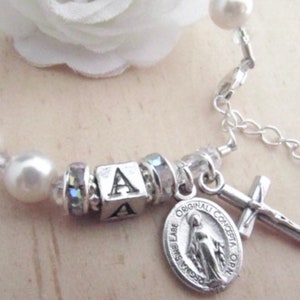 Baptism Personalized Rosary Bracelet with Swarovski White Pearls, Rhinestones, Crystals and  Miraculous Medal Catholic Heirloom Gift