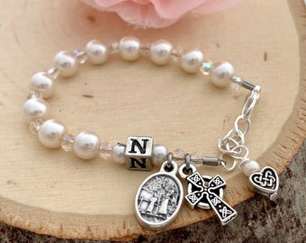 Irish Girl Baptism Personalized Rosary Bracelet made with White Swarovski Pearls, Silver Beads, and Celtic Silver Cross - Irish Christening