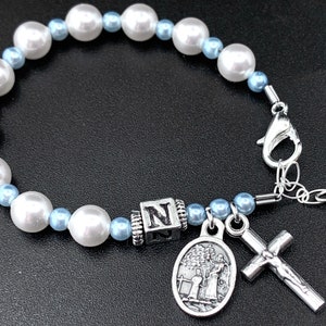 Catholic Baby Boy Baptism Personalized Rosary Bracelet with White and Baby Blue Pearl