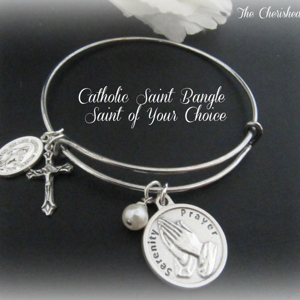 Catholic Stainless Steel Bangle Bracelet with Saint Charm of Your Choice and Swarovski Pearl