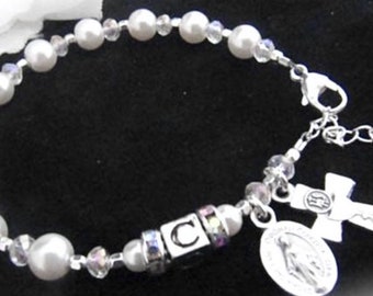 Personalized Catholic Communion Pearl Crystal and Rhinestone Rosary Bracelet with Letter Beads