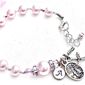 Baptism Personalized Rosary Bracelet with Light Pink European Czech Pearls, Silver, and  Rhinestones - Monogram Charm - Heirloom Gift