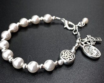 Irish Baptism Rosary Bracelet with Swarovski White Pearl and Round Silver Celtic Irish Bead Heirloom Irish
