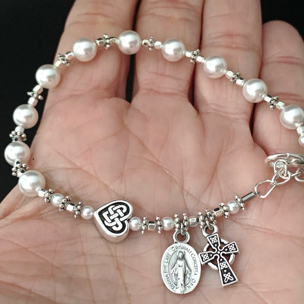 Irish Rosary Bracelet with White Pearls, Silver, and Celtic Heart Our Father Bead - RCIA - Confirmation - Catholic Women's Rosary Gift