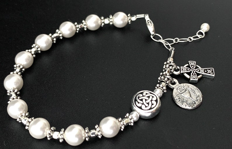 Irish Catholic Communion Rosary Bracelet with Swarovski Pearls and Sterling Silver image 2