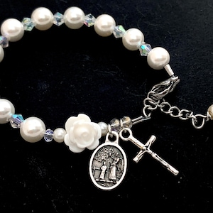 Beautiful Catholic Baby Baptism Rosary Bracelet with White Pearl, Rose and Guardian Angel