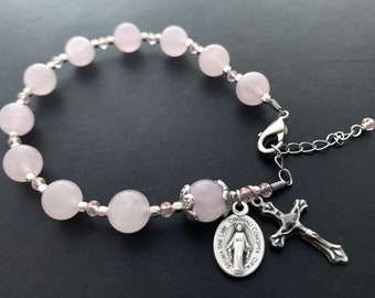 Rose Quartz Gemstone Silver and Crystal Catholic Rosary Bracelet - Divine Love - Healing Gemstone - Catholic Gift