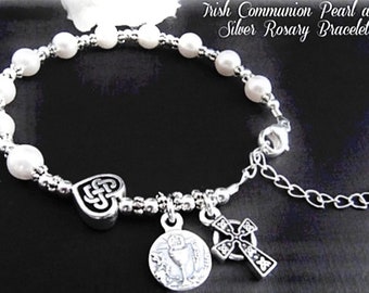 Irish Communion Rosary Bracelet made with Swarovski White Pearl and Silver Heirloom Catholic Gift