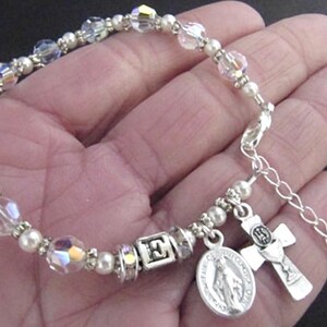 Communion Clear Aurora Borealis Swarovski Crystal & Pearl Personalized Rosary Bracelet