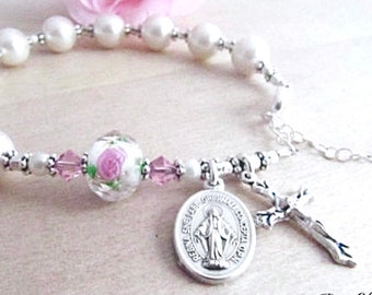 Catholic Rosary Bracelet with Beautiful White Pearls, Pink Rose Crystal and Swarovski Pink Crystals