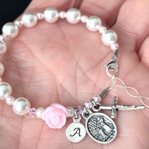 Baptism Personalized  Rosary Bracelet with European Czech Pearls, Rose, Sterling Initial Charm and Guardian Angel - Heirloom Catholic Gift