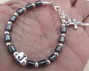 Boy's Personalized Baptism Rosary Bracelet with Black Hematite Gemstones - Catholic Christening Gift - Heirloom