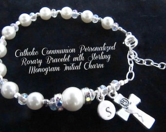 Catholic Communion Personalized Rosary Bracelet with Sterling Monogram Initial Charm