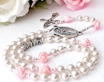 Guardian Angel Personalized Rosary with Pink Roses, Swarovski White Pearls & Pink Pearls, and Silver Heirloom Catholic Christening Gift