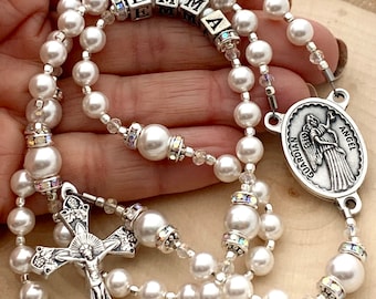 Guardian Angel Baptism Rosary Personalized with Silver Letters, Swarovski® White Pearls, Rhinestones, & Crystals - Heirloom Quality