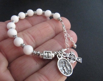 Traditional Irish Baby Boy Baptism Personalized Rosary Bracelet with White Gemstone Beads, Silver & Guardian Angel