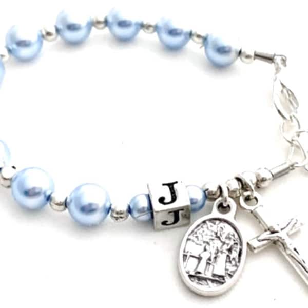 Catholic Boy Baptism Rosary Bracelet with Swarovski Light Blue Pearl, Silver and Guardian Angel