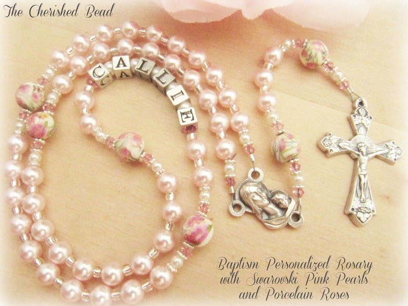 Baby Girl Personalized Baptism Rosary with Pink Pearls Etsy