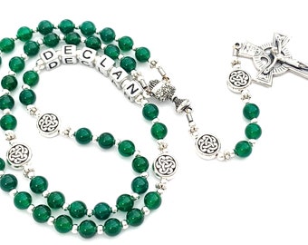 Irish Boy Personalized Communion Kelly Green Jade  Gemstone Rosary with Celtic Silver Beads - Heirloom Irish Communion Rosary -