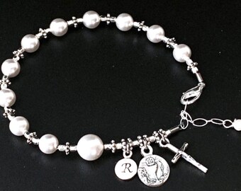 Catholic Communion Personalized Swarovski White Pearls, and Sterling Monogram Initial Rosary Bracelet