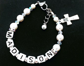Personalized Name Bracelet For Communion with White  Pearl Beads, Rhinestones, and Euro Crystal Beads - Communion Chalice Charm
