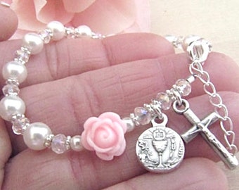 Catholic Communion Rosary Bracelet made with Swarovski White Pearl and Pink Rose Rosary Bracelet