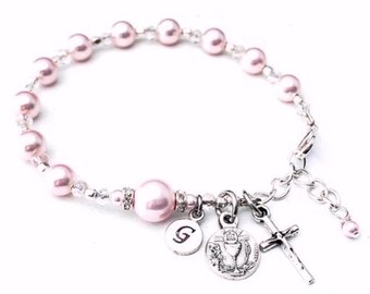 Catholic Communion Personalized Soft Pink and White Swarovski Pearls, Crystals, Rhinestones and Sterling Monogram Initial