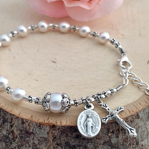 Beautiful White Pearl & Silver Catholic Rosary Bracelet - RCIA - Confirmation - Women&#39;s Catholic Rosary Bracelet - Catholic Rosary Gift
