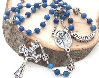 Boy Baptism Personalized Blue Gemstone Rosary with Guardian Angel