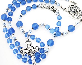 Blue Sea Glass & Swarovski Pearl Personalized Boy Baptism Rosary Guardian Angel Catholic Christening Gift